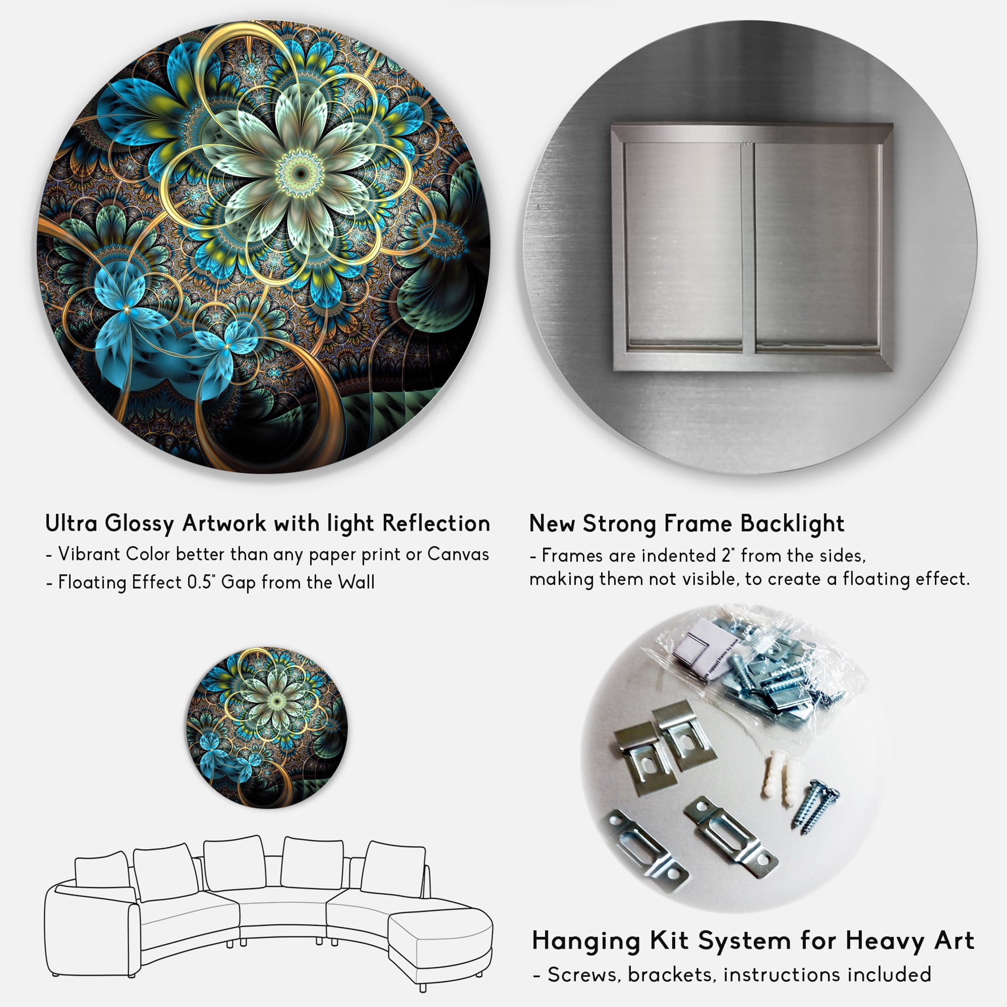 Designart 'Lighted Blue Fractal Blue Flowers' Disc Floral Circle Metal Wall Art