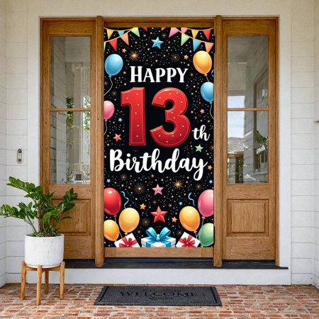 Colorful Balloons Happy 13th Birthday Banner Star Pattern 13th Birthday Display Gift Box Design Confetti Decor Teen Birthday Backdrop for 13th Birthday Party Teen Celebration Photo Shoot