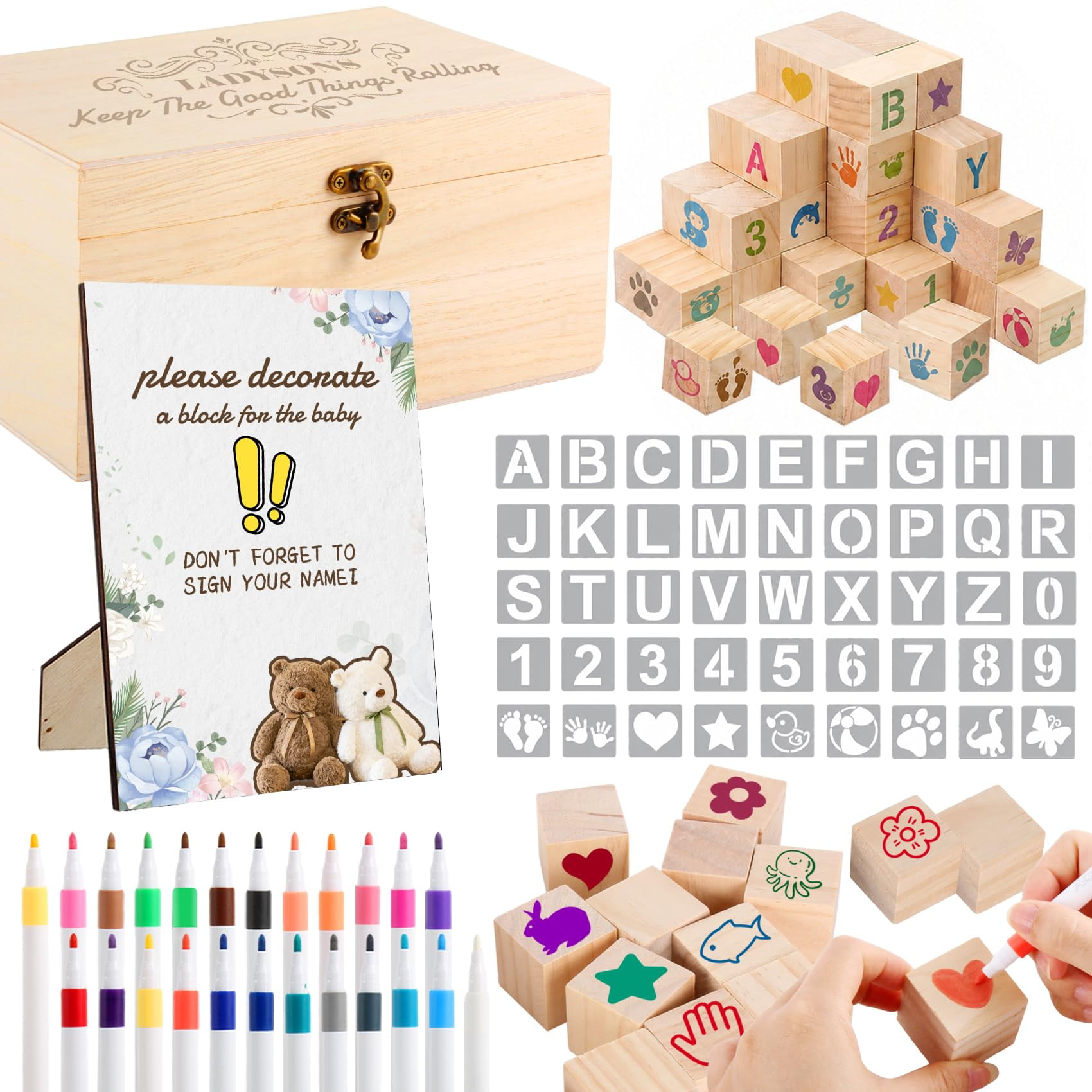 123 PCS Baby Shower Game Kit – Creative Wooden DIY Game with Markers, Fun Activities for Guests, Perfect for Baby Shower Boys & Girls, Interactive Painting & Memory-Making Party Game