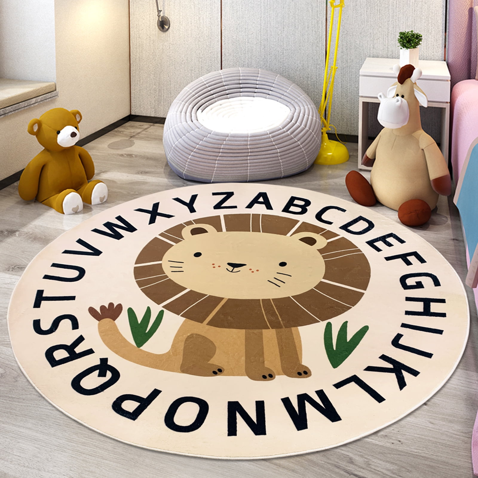 LANPEI Kids Play Rug 5.2Ft Large Round Rug ABC Lion Rug Circle Carpet for Boys Girls Bedroom Soft Animal Playroom Mat Nursery Rug for Living Room Classroom Area Rug Nonslip Washable Rugs, Sitting