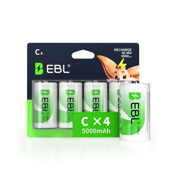 Baterías recargables tipo C EBL 5000 mAh Ni-MH 1,2 V, paquete de 4