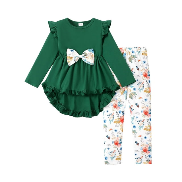 PatPat Toddler Kid Girl Outfits 2 Pieces Bowknot Ruffled Long Sleeves T-Shirt Flower Allover Pants Legging Set Size 4-12