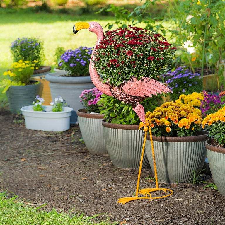 Set Of 2 Pink Metal Flamingo Planters With Coconut Fiber Baskets - Indoor/Outdoor Decor