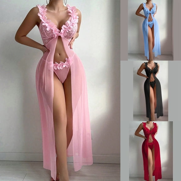 uublik Women Mesh Sleepwear Pajamas Set Valentine's Day Night Gowns Soft Loungewear Sleepwear Pink