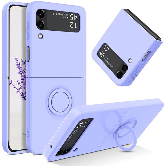 Lonbiaci Samsung Z Flip 3 Case, Liquid Silicone Soft Gel Rubber Slim Cover with Ring Holder Kickstand|Car Mount Function Shockproof Full Body Protective Case for Galaxy Z Flip 3, Purple