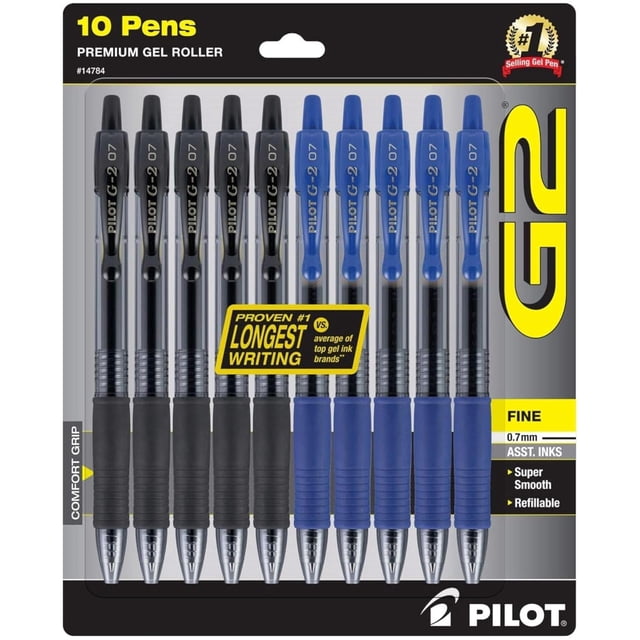 Bolígrafo PILOT G2 de punta fina de 0,7 mm recargable y retráctil x10