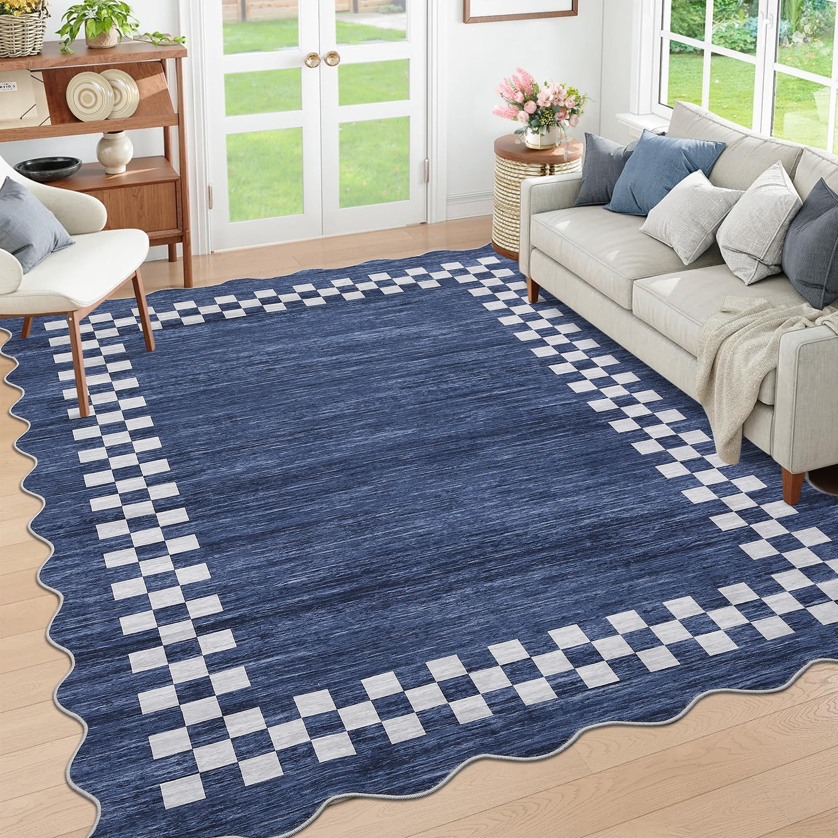Garvee 10'x13' Scalloped Area Rug, Geometric Neutral Bordered Indoor Rugs Washable Rug Stain-Resistant Low Pile Carpet for Living Room Bedroom Home Decor, Blue
