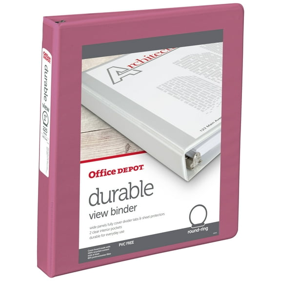 Office Depot® Brand 3-Ring Durable View Binder, 1" Round Rings, 49% Recycled, Dusty Rose