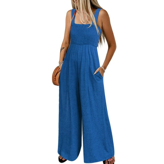 Riforla Women Fashion Solid Casual Sexy Camisole Jumpsuit Loose Wide Leg Long Pants Jumpsuits for Women Blue L