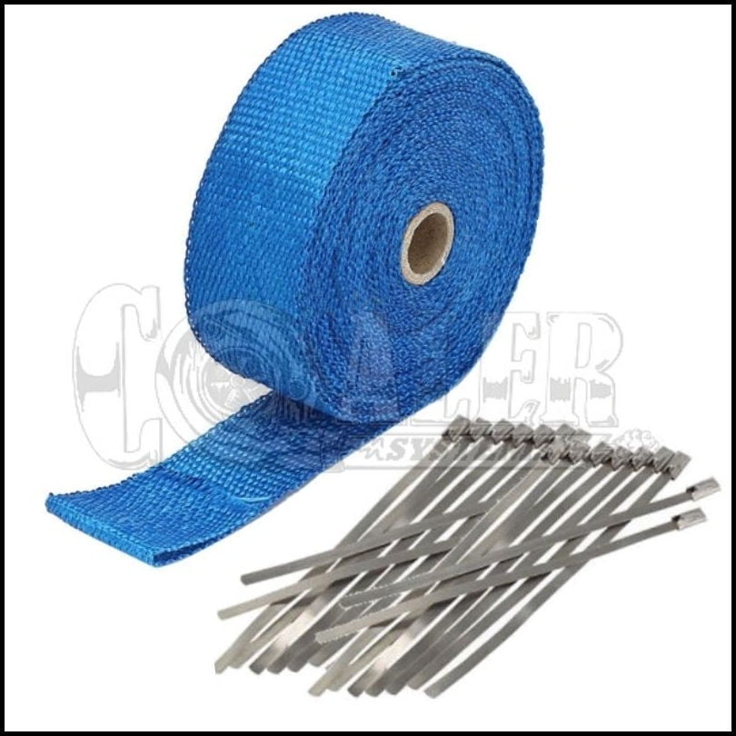 1" 50Ft Roll Blue Fiberglass Exhaust Header Pipe Heat Wrap Tape +8 Ties