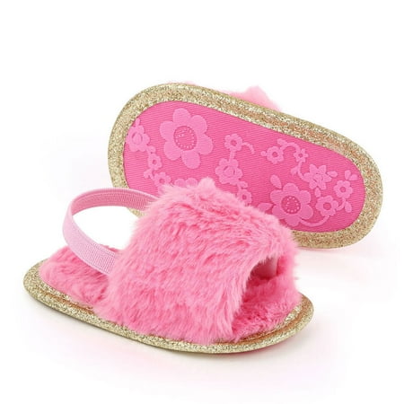 

Infant Baby Girls Plush Sandals Toddler Summer Soft Sole Faux Fur Flats Slippers with Elastic Back Strap