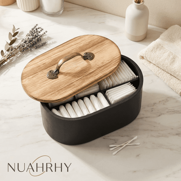 Tampon and Pad Organizer for Bathroom, Oval Wood Storage Bin with Lid and Handle, Feminine Product Storage Box for Vanity Accessories, NUAHRHY