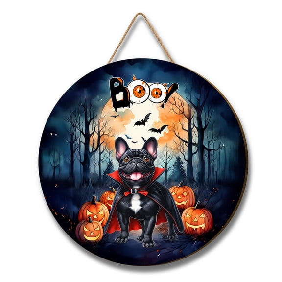 Happy Halloween Vampire French Bulldog BOO with Pumpkins Fun and Spooky Round Wood Sign Dog Lover Gifts Hanging Wall Home Decor - 00018