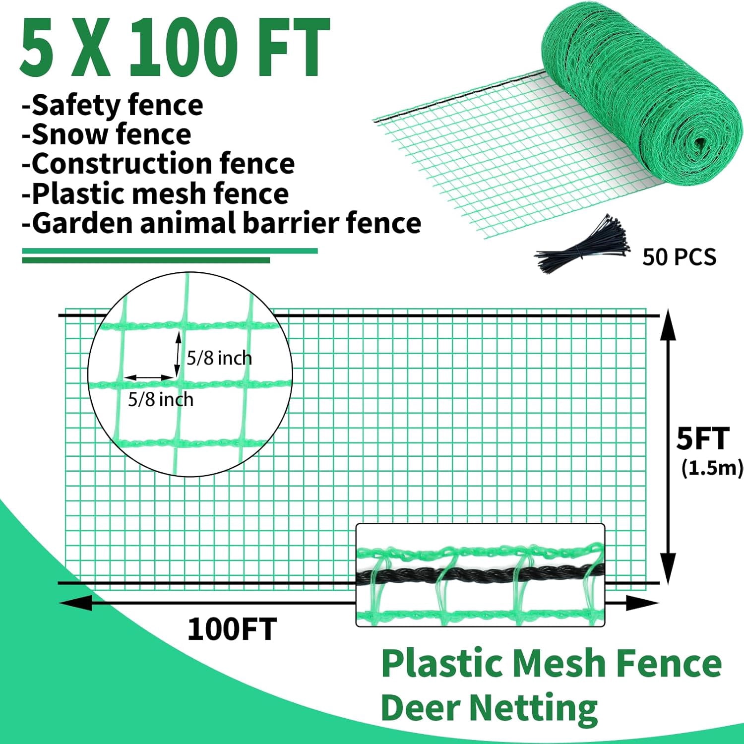 5x100ft Deer Fence Netting, Heavy Duty Plastic Mesh Fence for Deer, Rabbits, Birds & Chickens, Green Garden Netting Animal Barrier for Plants, Fruit Trees, Vegetables & Backyard Gardens