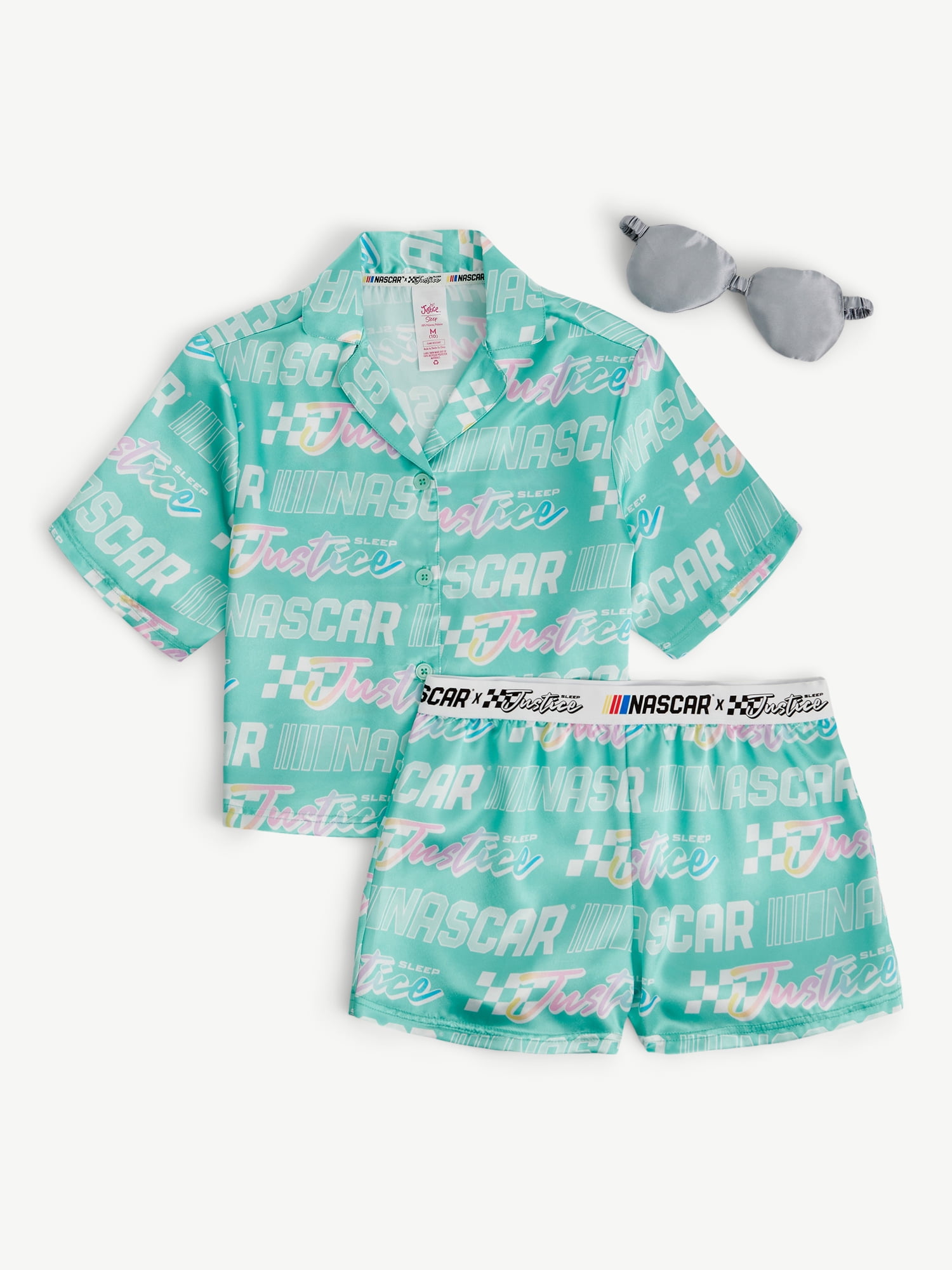 Justice Girls x Nascar Short Sleeve Button Top, Shorts and Eye Mask Pajama Set, 3-Piece, Sizes 5-18