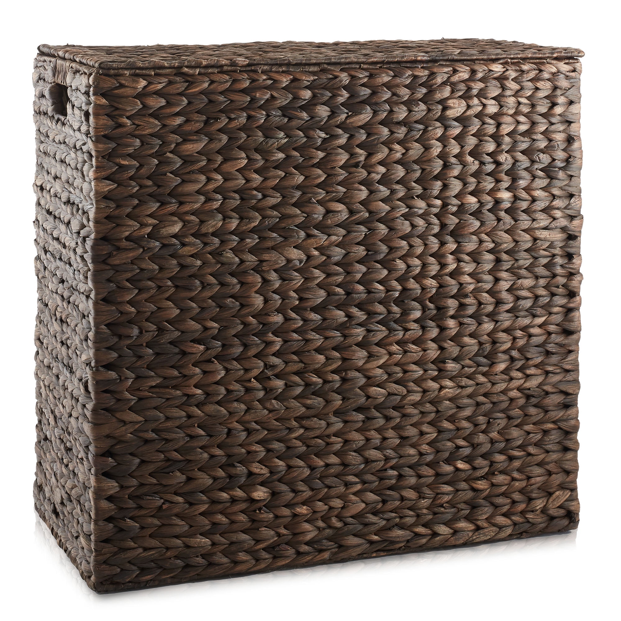 Casafield 2-Section Laundry Hamper with Lid and Removable Liner Bags - Espresso Dark Brown, Woven Water Hyacinth Laundry Basket for Clothes