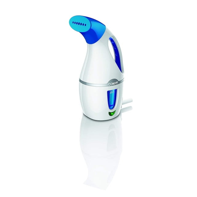 conair - vaporizador de ropa de viaje de mano para ropa, completesteam 1100 w, para hogar, oficina y viajes, color blanco y azul Vista frontal centrada del vaporizador de mano Conair blanco y azul con mango ergonómico abierto, gran cabezal de vapor inclinado azul, ventana de depósito visible y botón indicador verde; cable de alimentación saliendo por atrás y diseño compacto ideal para retoques y viajes, también adecuado para refrescar cortinas y tapicería.