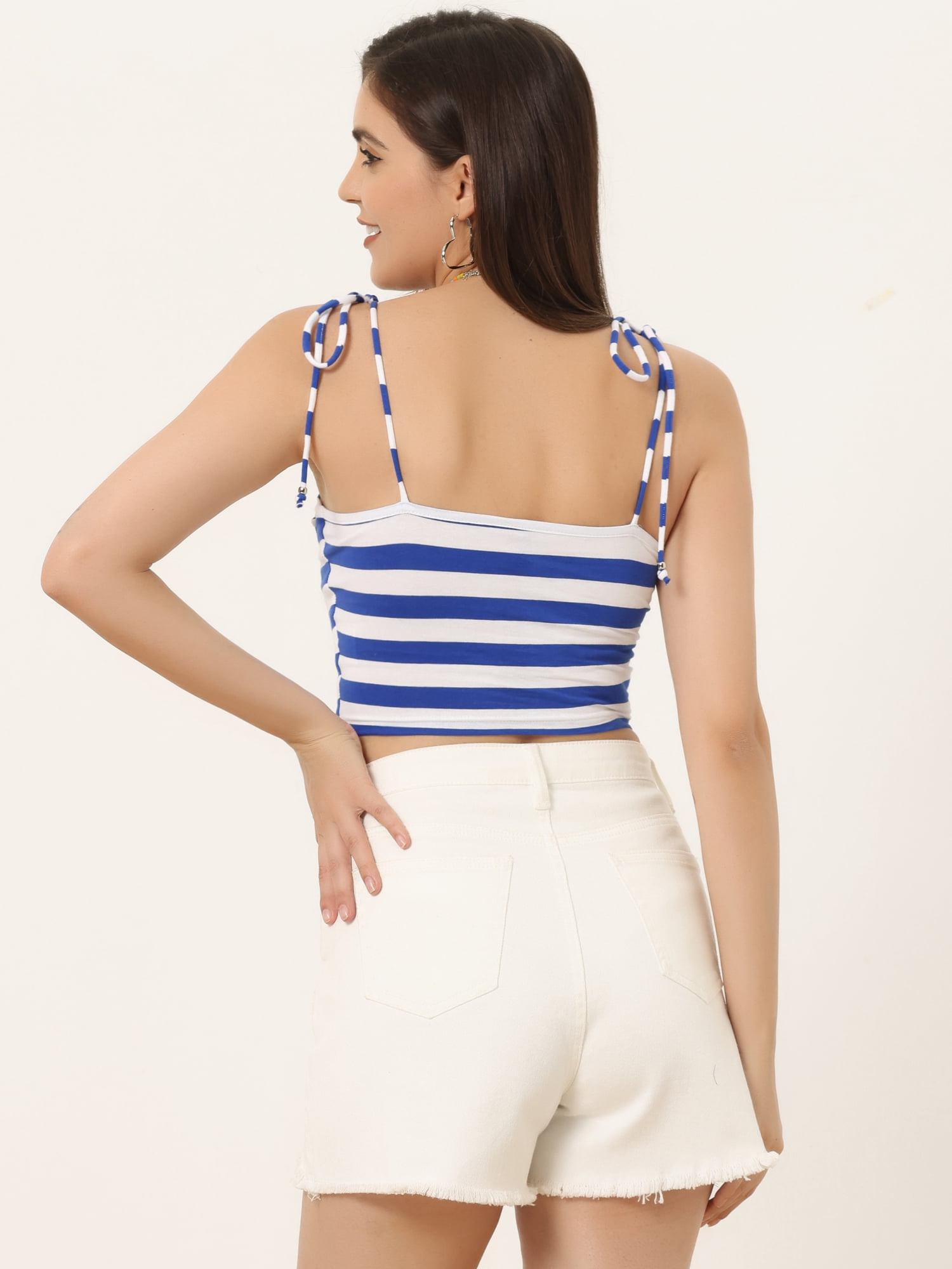 DARING DIVA Women's Rainbow Striped Tie Crop Top M White Blue