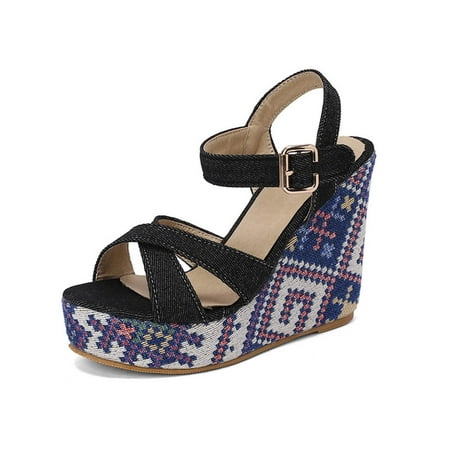 

TUOBARR Wedge Sandals Women s One-line With Thick Soles Ethnic Wind Peep-toe Wedge Heeled Sandals Black