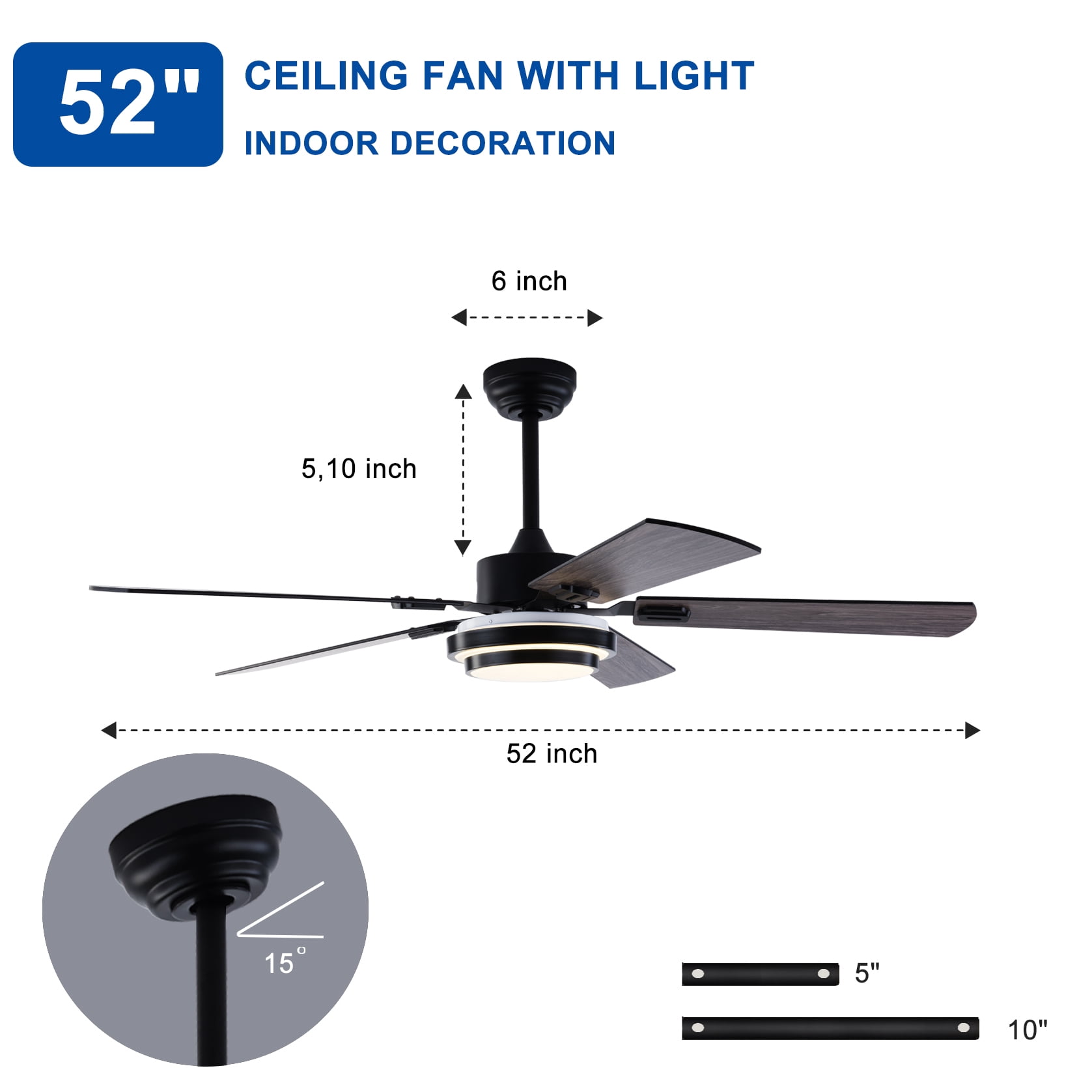 Mintazer 52 in Ceiling Fan with LED Light, Modern Ceiling Fan with Remote Control for Bedroom Living Room Indoor Outdoor, Black