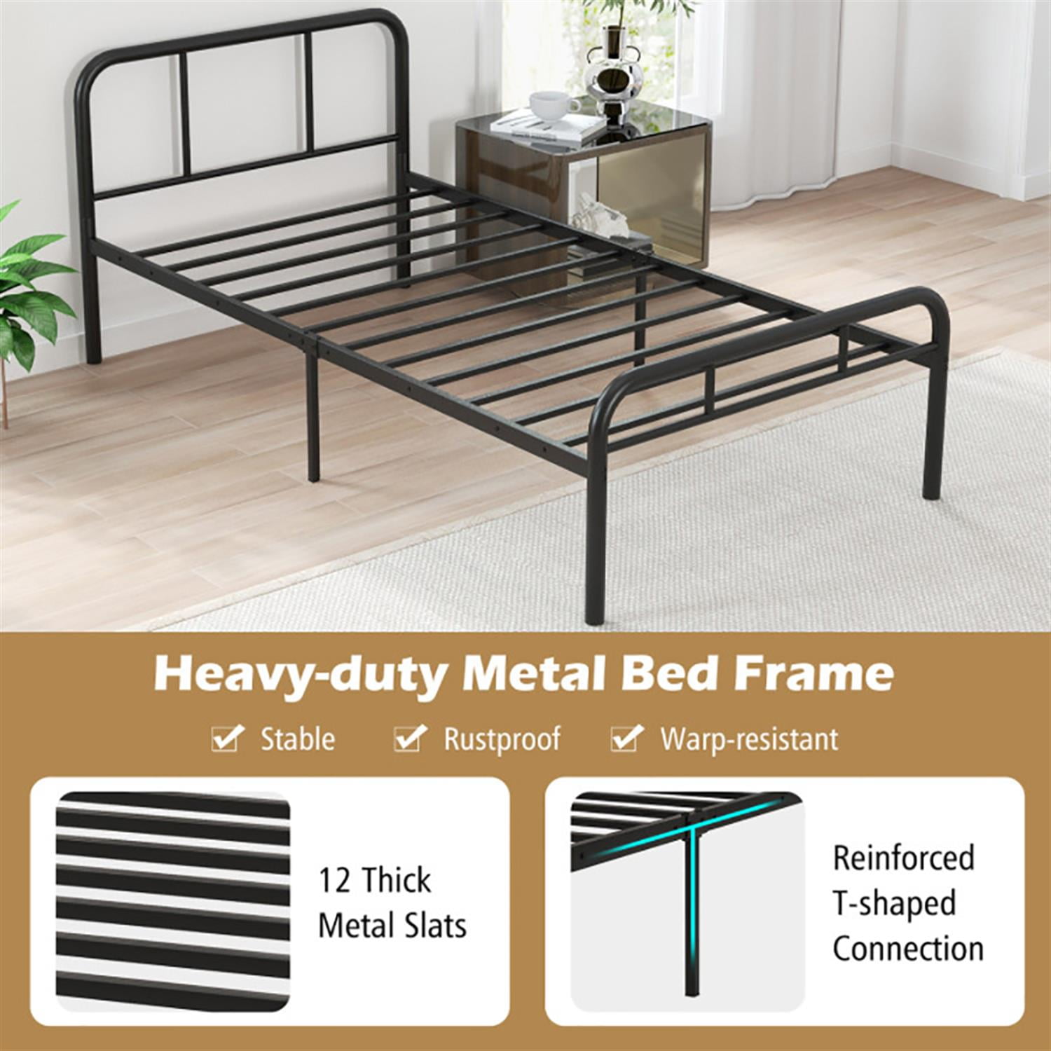 Demi Bonn Modern Metal Bed Frame Platform Mattress with Headboard and Footboard, Under Bed Storage, No Box Spring Needed, Black