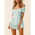 thumbnail image 2 of Women's Casual Romper Off Shoulder Short Sleeve Double Layer Ruffle Hem Jumpsuits High Waist Tie Short Romper Dress, 2 of 6