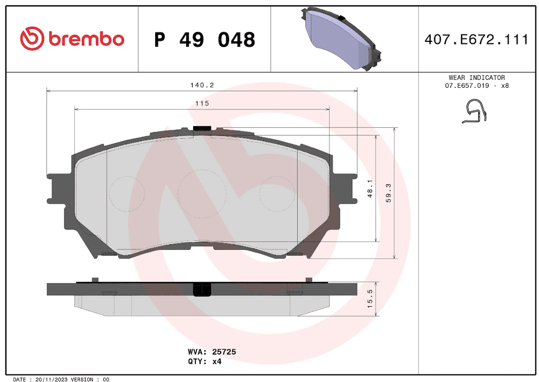 Brembo P49048; Brake Pad; PRIMELINE; FMSI Number D1711-8936; Low-Metallic; Set Of 4; With Mounting Hardware