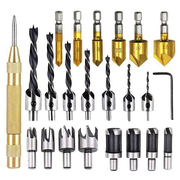 ckepdyeh 23-Pack Woodworking Chamfer Drilling Tool Set Wood Plug Cutter Three-Pointed Countersink Drill Bit