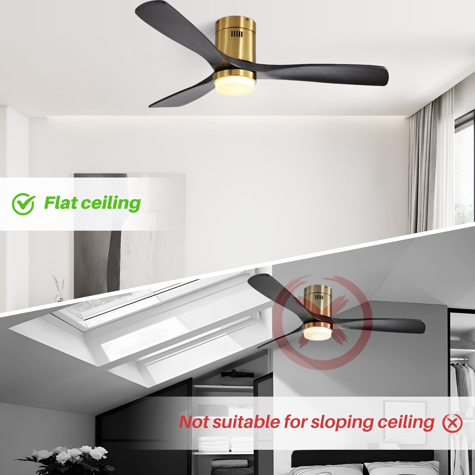 Sofucor 52" Modern Ceiling Fan with Dimmable LED Light, Matte Black Wood Blades, Remote Control