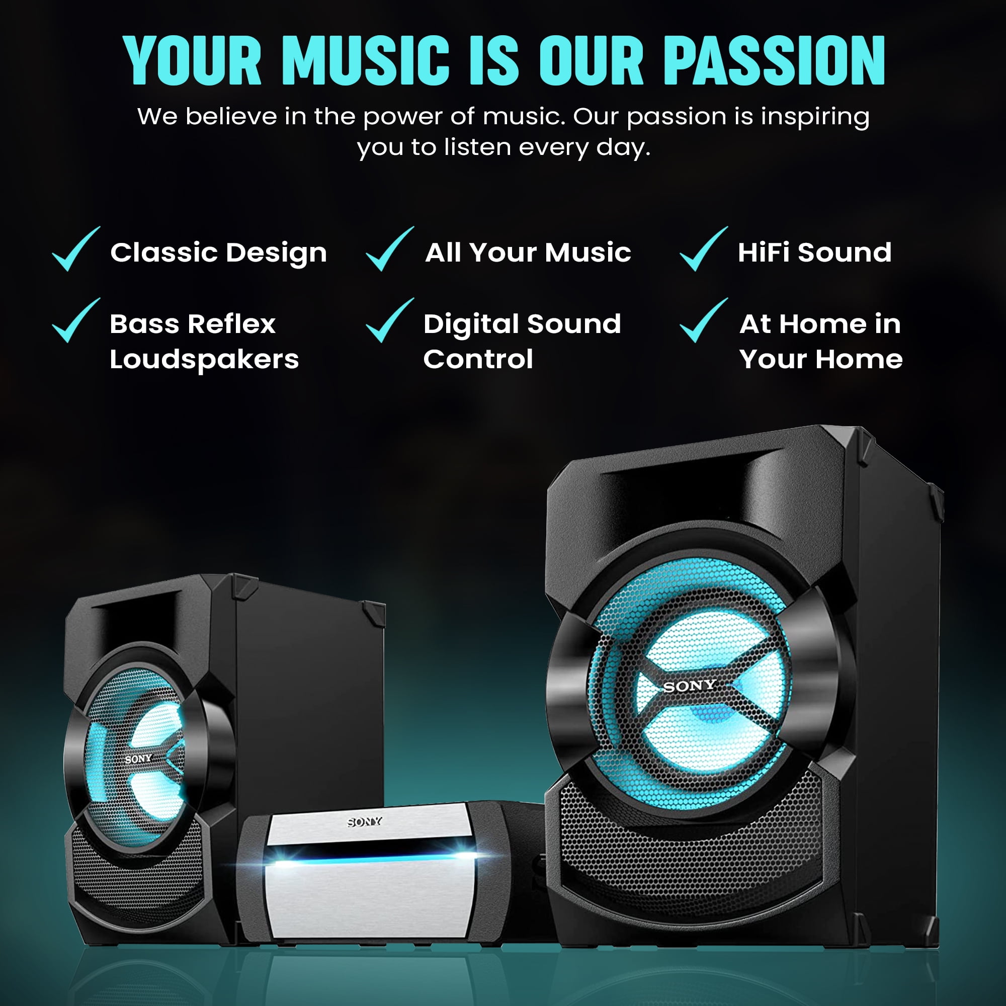 Sony Home Stereo System with Bluetooth, Powerful Bass, LED Lights, Karaoke, Stereo Shelf Systems with DVD Player, USB, FM Radio, CD Player with Speakers - Stereo System for Home