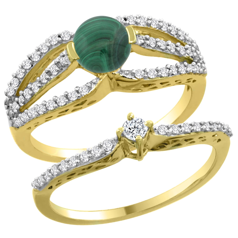 14K Yellow Gold Natural Malachite 2-piece Engagement Ring Set Round 5mm, size 5 by Gabriella Gold