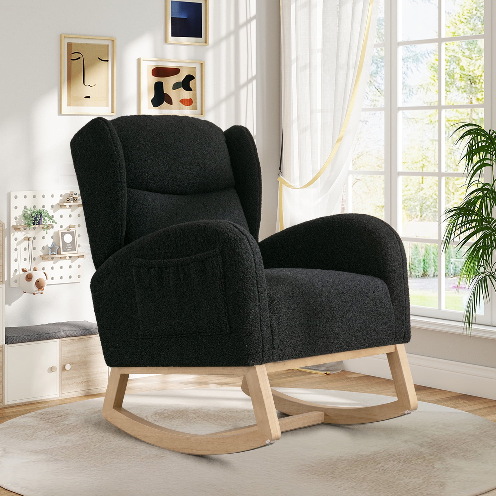 Lunale Indoor Rocking Chair, Upholstered Accent Rocker Chair with Wood Legs, Black Teddy