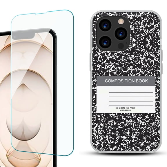 Slim-Fit Anti-Scratch Gel TPU Phone Case for iPhone 13 Pro, with Tempered Glass Screen Protector, by OneToughShield ® - Composition Book