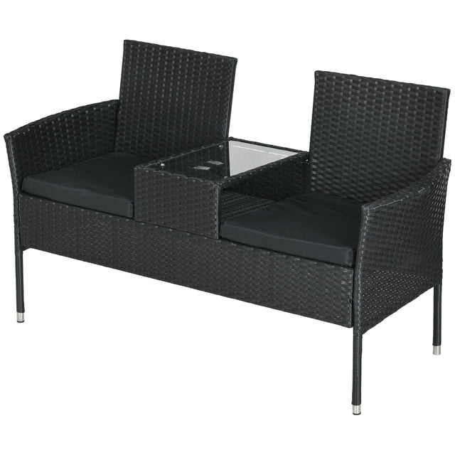 Outsunny Mobilier de Patio avec Table Centrale, Causeuse en Rotin PE avec Coussin, Noir