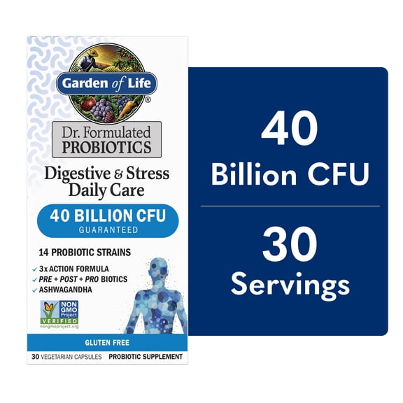 Garden of Life Dr. Formulated Digestive & Stress Probiotic Capsules, 40 Billion CFU - 14 Probiotic Strains with Ashwagandha, 30 Count