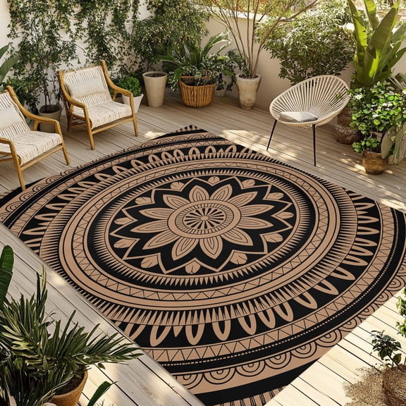 Brown Ethnic Flower Outdoor Rug for Patio/Deck/Porch, Non-Slip Large Area Rug 5 x 8 Ft, Abstract National Boho Geometric Indoor Outdoor Rugs Washable Area Rugs, Reversible Camping Rug Carpet Runner