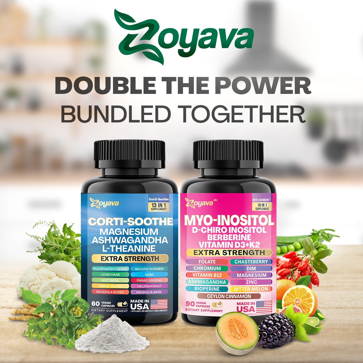 Zoyava Soothe and Smooth Bundle, Cortisol and Myo-Inositol Supplement 13-in-1 Cortisol Balance with Ashwagandha, Magnesium, Lions Mane, Berberine, Folate, L-Theanine, Vitamin D3 & K2 (150 Capsules)