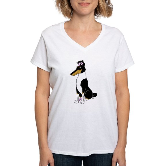 CafePress - Smooth Tricolor Collie Women's V Neck T Shirt - Womens Cotton V-Neck T-shirt