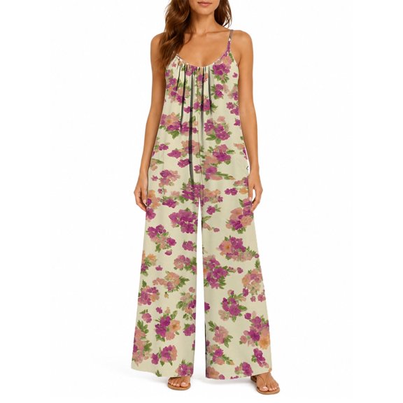 Women'S Casual Pink Purple Flowers Omper Spaghetti Strap Wide Leg Jumpsuit Summer Outfits With Pockets