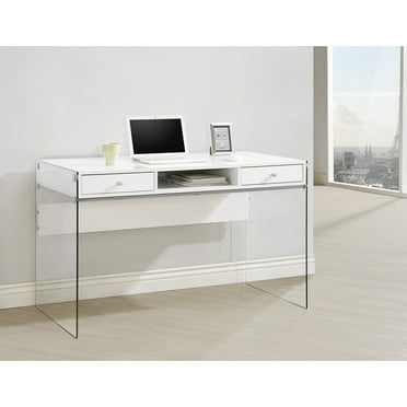 Benjara Contemporary Metal Writing Desk with Glass Sides, Clear And White