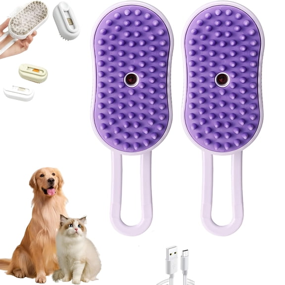 LAMIRO Puffease Spritz Defur Comb for Cats and Dogs, One-Click Spray Household Foldable 3 in 1 Steam Brush for Cats Dogs, Cat Steam Brush for Shedding (2Purple)