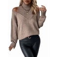 thumbnail image 4 of Women Cold Shoulder Sweater Turtelneck Cut Out Pullover Sweater Casual Long Sleeve High Neck 2 in 1 Tops Khaki S, 4 of 10