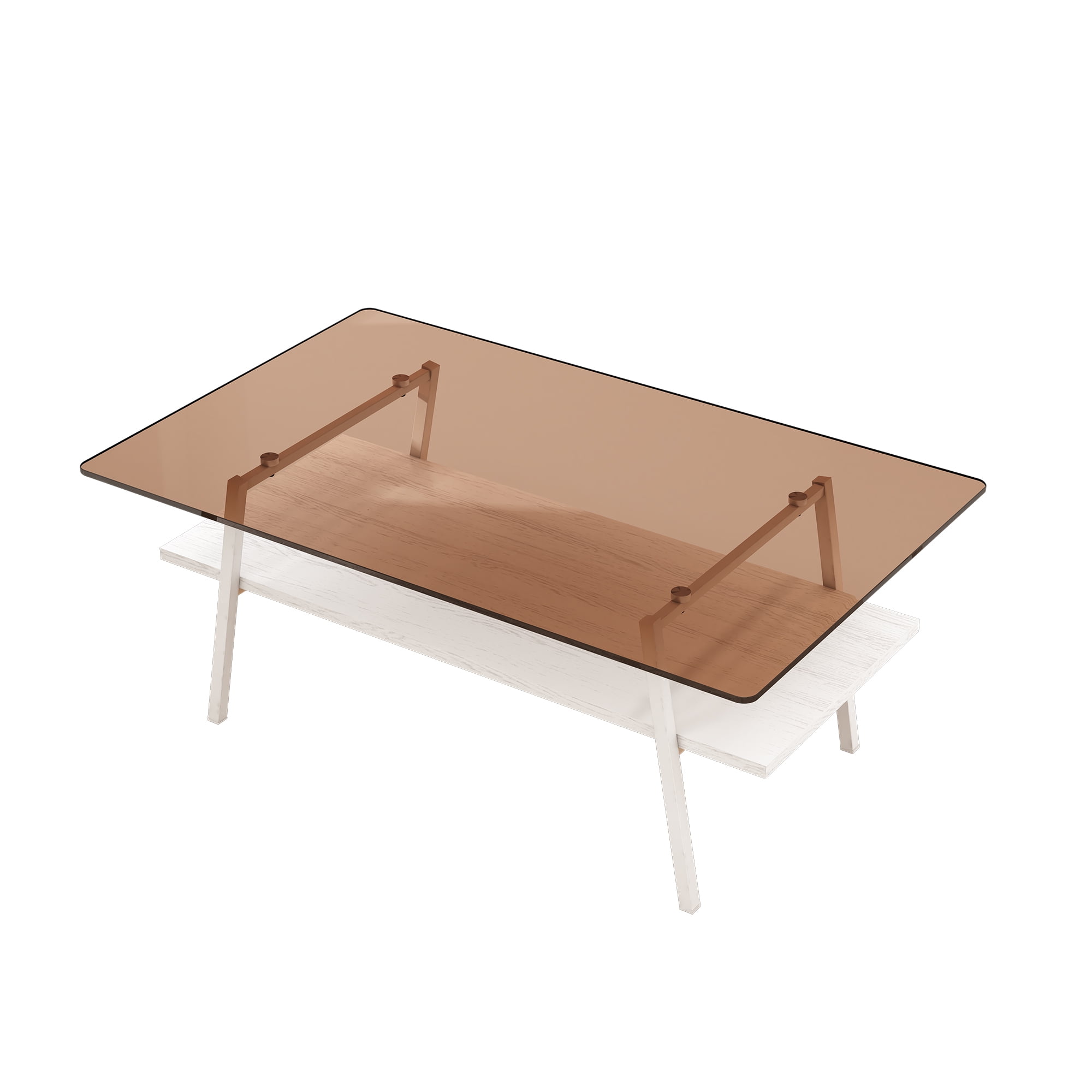 MAYEERTY Rectangle Coffee Table with Brown Tempered Glass Top and White Metal Legs