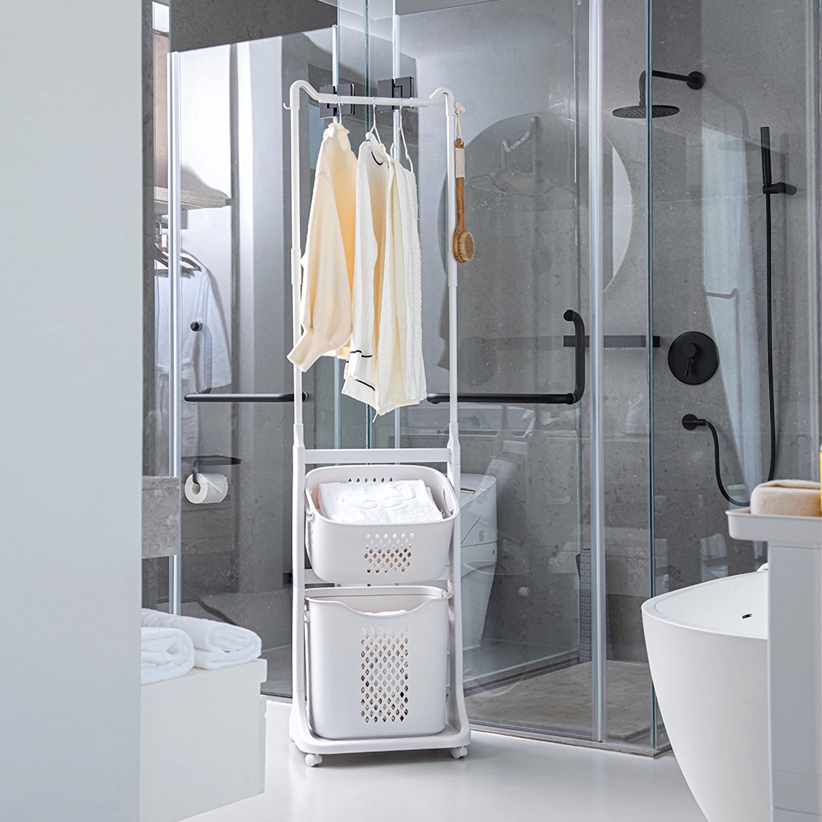 2-Tier Laundry Hamper Sorter with Hanging Bar, Rolling Laundry Baskets with Wheels Removable, Stackable Laundry Cart Organizer and Storage for Small Space, Dorm, Closet, Bathroom