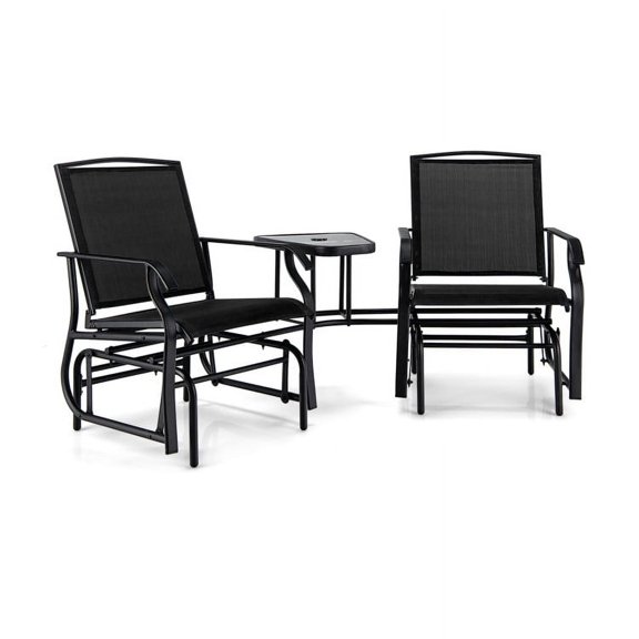 Spaco Double Swing Glider Rocker Chair set, Deluxe Outdoor Patio with Glass Table-Black