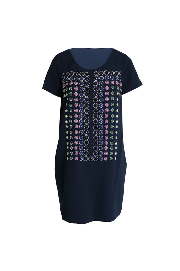 Pre-Owned Diane Von Furstenberg Owen Beaded Shift Dress in Navy Blue Triacetate