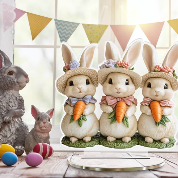 Beautynvta Easter Bunny Decoration, Cute Rustic Three Rabbits Figurine with Carrots, 2D Flat Acrylic Ornament, Spring Easter Tabletop Decoration