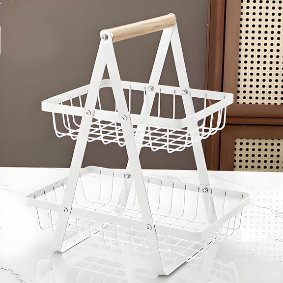 ASTOTSELL 2 Tier Countertop Fruit Basket with Wood Handle, Kitchen Storage Organizer for Fruits, Vegetables, Snacks - Detachable Rectangular Basket for Pantry, Dining Table - White