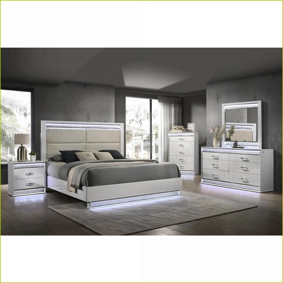 4 Pc Queen Bedroom Set Glam Modern with LED Headboard, Snow White | Wood | Double Dressers