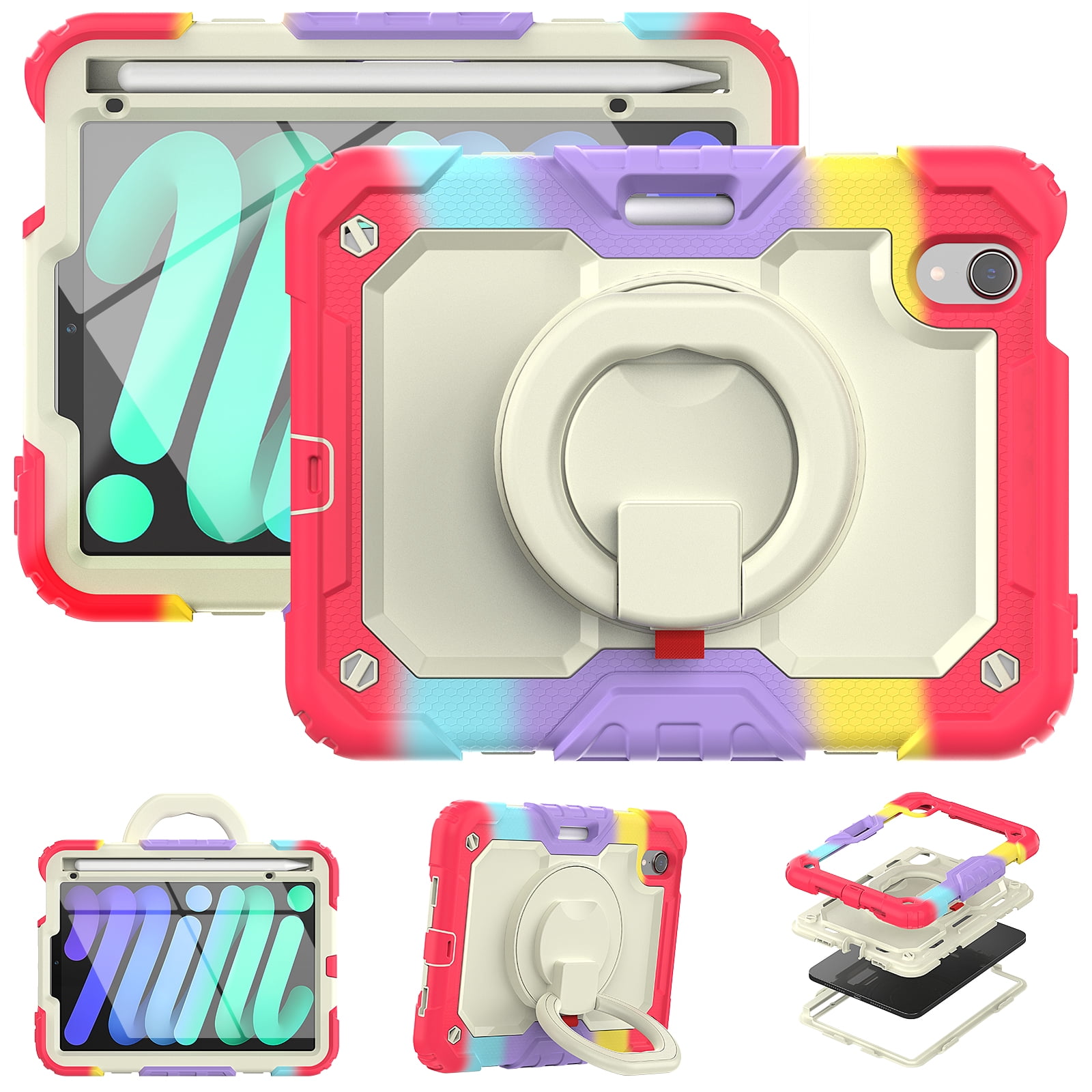 Dteck for iPad mini (6th Generation) Heavy Duty Kids Case with Pencil Holder Screen Protector Pencil Holder Ring Kickstand Cover for iPad Mini 6th Gen, Colorful Red